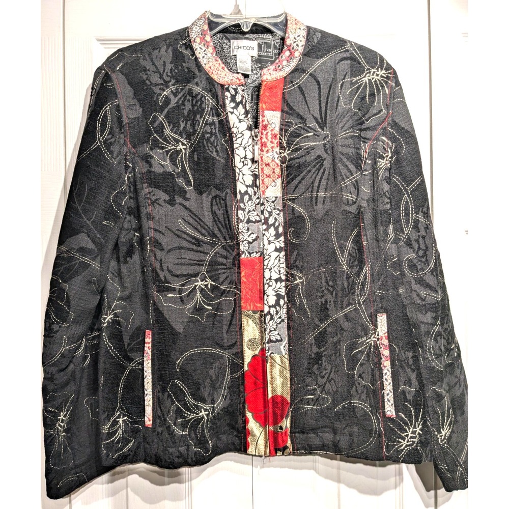 Chicos Jacket Women 2 (L) Embroidered Floral Brocade Asian Inspired Boho Zip Up
